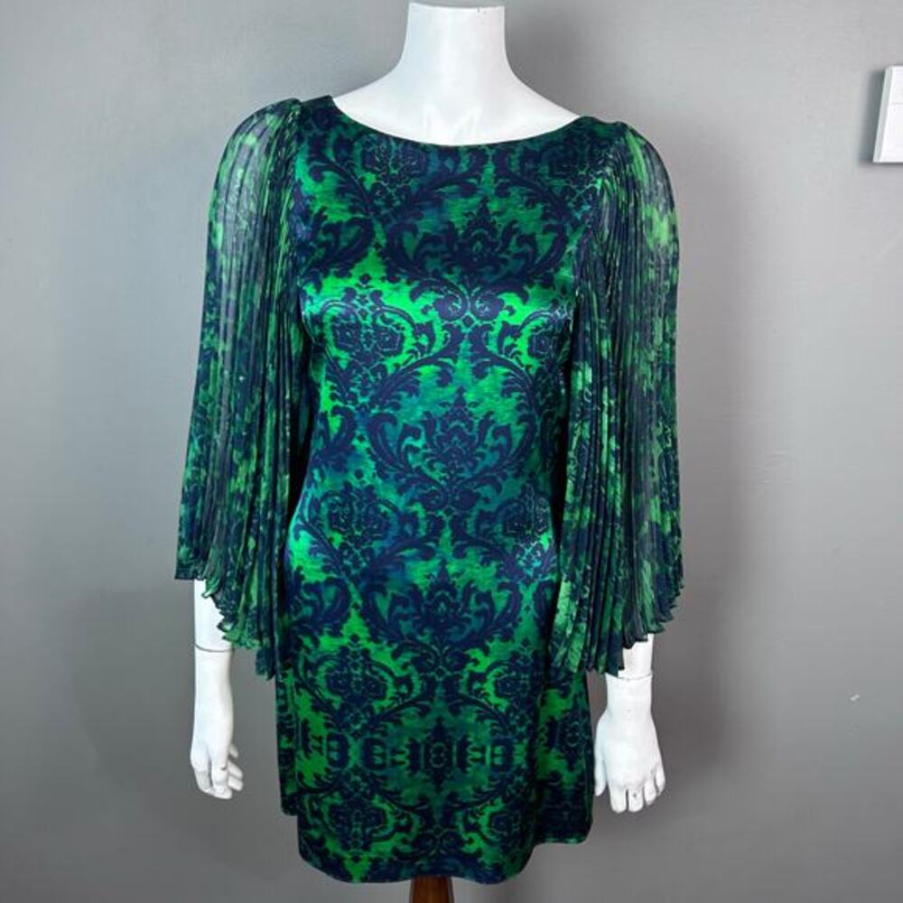 Alice & Olivia dress XS kelly‎ green printed pleated puff sleeve old money toile